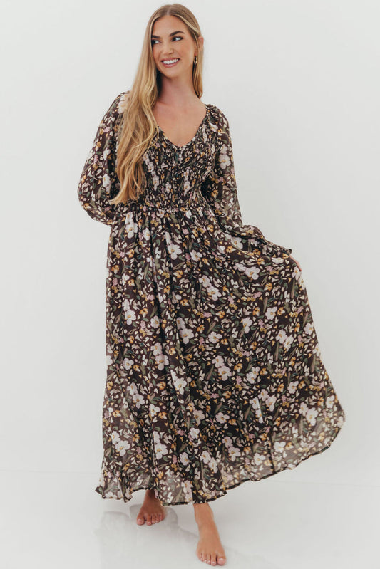Luann Floral Maxi Dress in Mocha Mousse