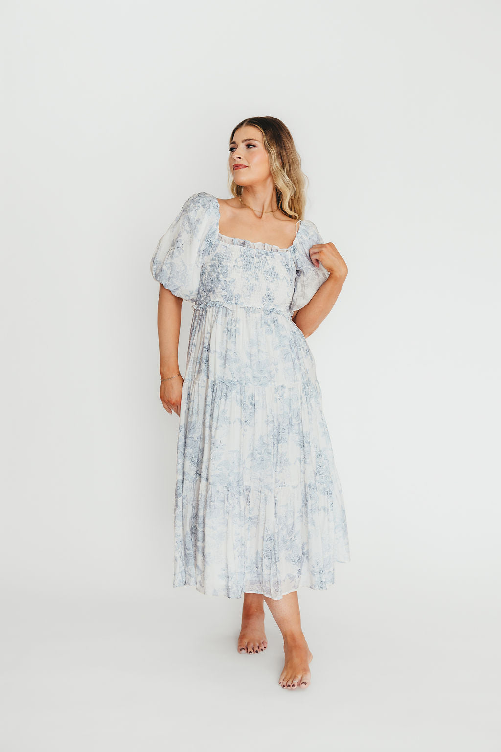 Elena Floral Print Smocked Midi Dress in Blue - Bump Friendly & Inclusive Sizing XS & S Left in Stock)  (Restocking Remaining Sizes in Oct)