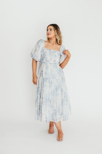 Elena Floral Print Smocked Midi Dress in Blue - Bump Friendly & Inclusive Sizing XS & S Left in Stock)  (Restocking Remaining Sizes in Oct)