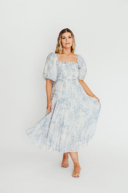 Elena Floral Print Smocked Midi Dress in Blue - Bump Friendly & Inclusive Sizing XS & S Left in Stock)  (Restocking Remaining Sizes in Oct)