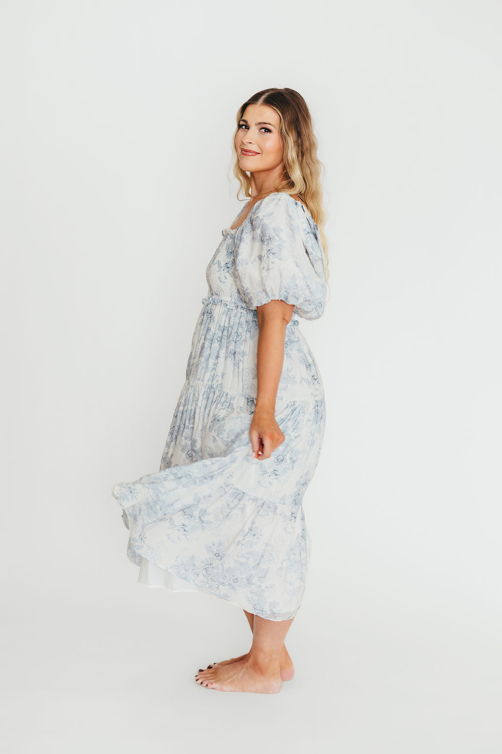 Elena Floral Print Smocked Midi Dress in Blue - Bump Friendly & Inclusive Sizing XS & S Left in Stock)  (Restocking Remaining Sizes in Oct)
