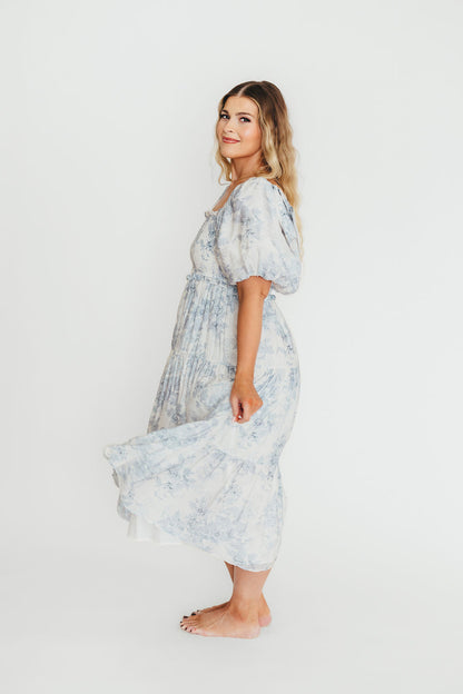 Elena Floral Print Smocked Midi Dress in Blue - Bump Friendly & Inclusive Sizing XS & S Left in Stock)  (Restocking Remaining Sizes in Oct)