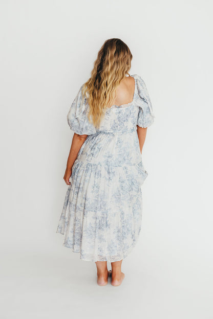 Elena Floral Print Smocked Midi Dress in Blue - Bump Friendly & Inclusive Sizing XS & S Left in Stock)  (Restocking Remaining Sizes in Oct)