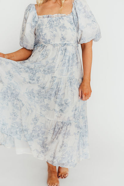 Elena Floral Print Smocked Midi Dress in Blue - Bump Friendly & Inclusive Sizing XS & S Left in Stock)  (Restocking Remaining Sizes in Oct)