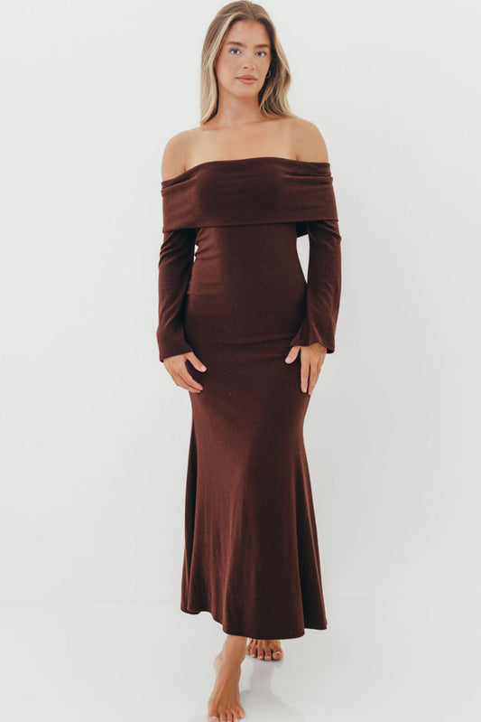 Monroe Maxi Dress with Long Sleeves in Chocolate Brown- Bump Friendly