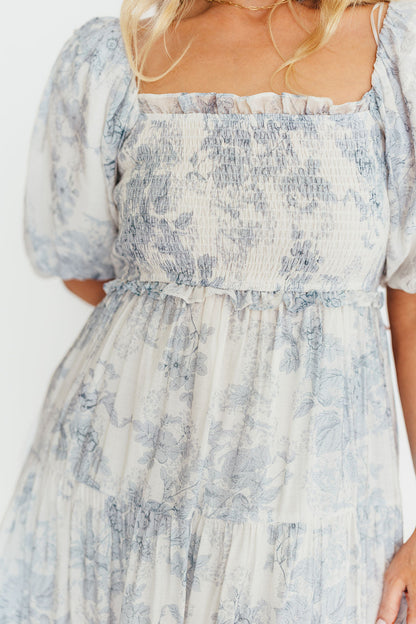 Elena Floral Print Smocked Midi Dress in Blue - Bump Friendly & Inclusive Sizing XS & S Left in Stock)  (Restocking Remaining Sizes in Oct)