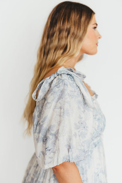 Elena Floral Print Smocked Midi Dress in Blue - Bump Friendly & Inclusive Sizing XS & S Left in Stock)  (Restocking Remaining Sizes in Oct)