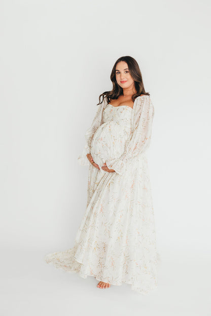 Delilah Maxi Dress With Train in Cream Floral - Bump Friendly