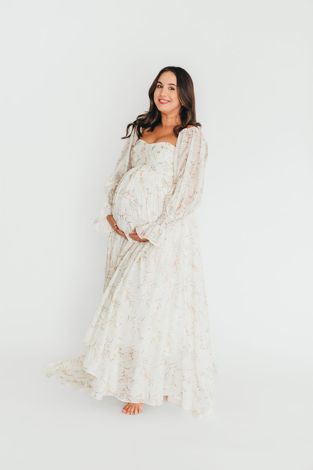 Delilah Maxi Dress With Train in Cream Floral - Bump Friendly