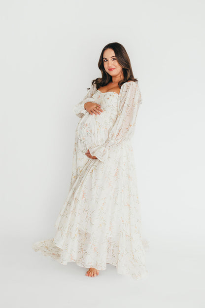 Delilah Maxi Dress With Train in Cream Floral - Bump Friendly