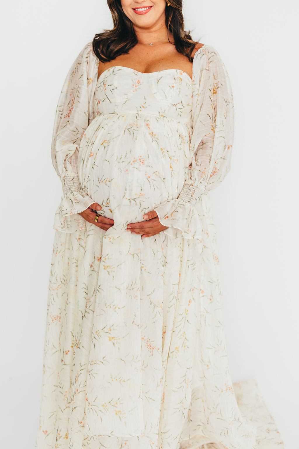 Delilah Maxi Dress With Train in Cream Floral - Bump Friendly