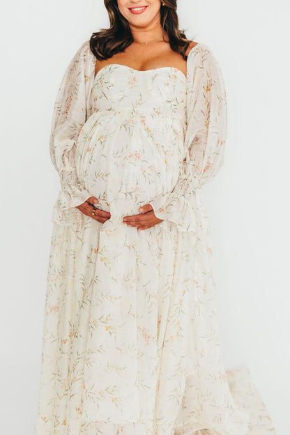 Delilah Maxi Dress With Train in Cream Floral - Bump Friendly