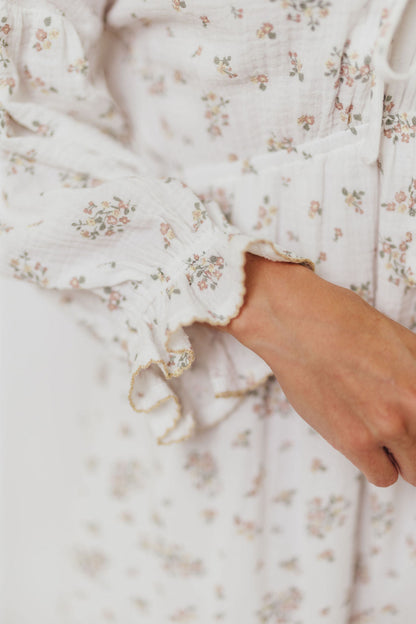 Hunter 100% Cotton Gauze Maxi Dress with Detail Trimming in Ivory Pink Floral - Bump Friendly and Inclusive Sizing