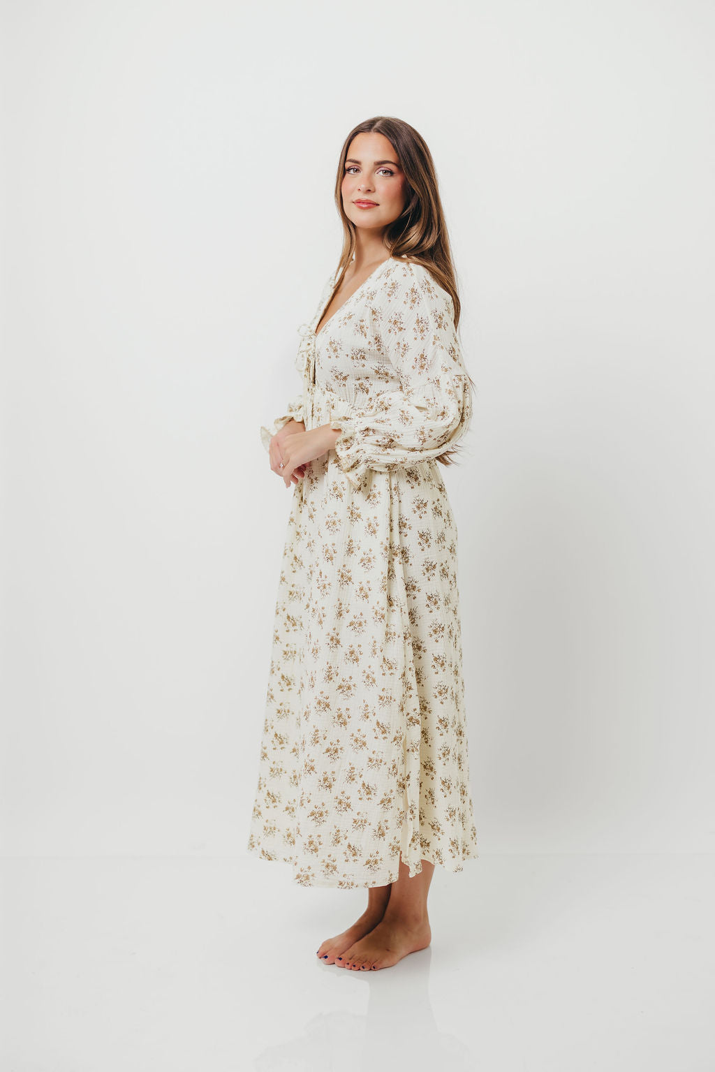 Hunter 100% Cotton Gauze Maxi Dress with Detail Trimming in Cream Taupe Floral - Bump Friendly and Inclusive Sizing