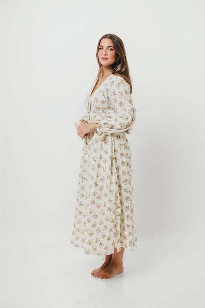 Hunter 100% Cotton Gauze Maxi Dress with Detail Trimming in Cream Taupe Floral - Bump Friendly and Inclusive Sizing