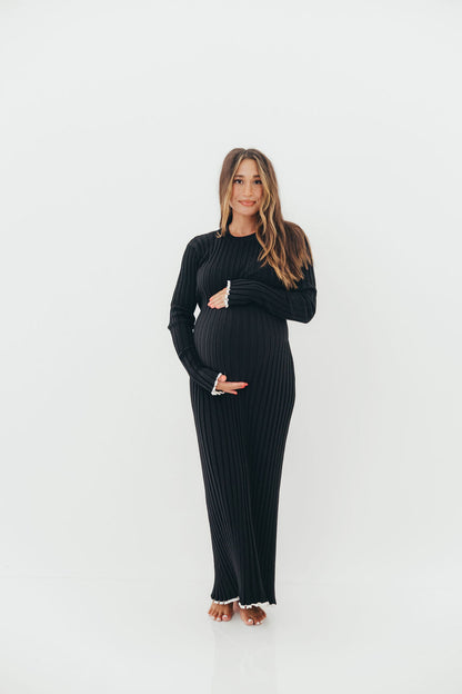 Bentley Ribbed Knit Maxi Dress in Black with White Trim - Bump Friendly