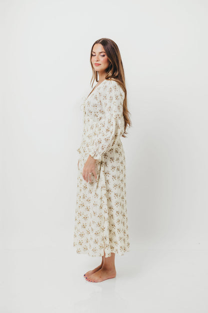 Hunter 100% Cotton Gauze Maxi Dress with Detail Trimming in Cream Taupe Floral - Bump Friendly and Inclusive Sizing