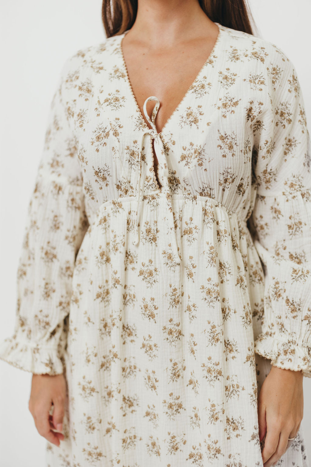 Hunter 100% Cotton Gauze Maxi Dress with Detail Trimming in Cream Taupe Floral - Bump Friendly and Inclusive Sizing