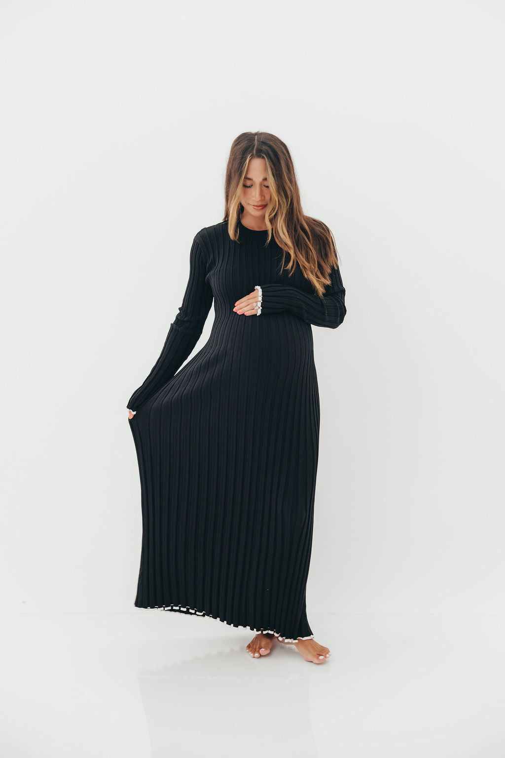 Bentley Ribbed Knit Maxi Dress in Black with White Trim - Bump Friendly