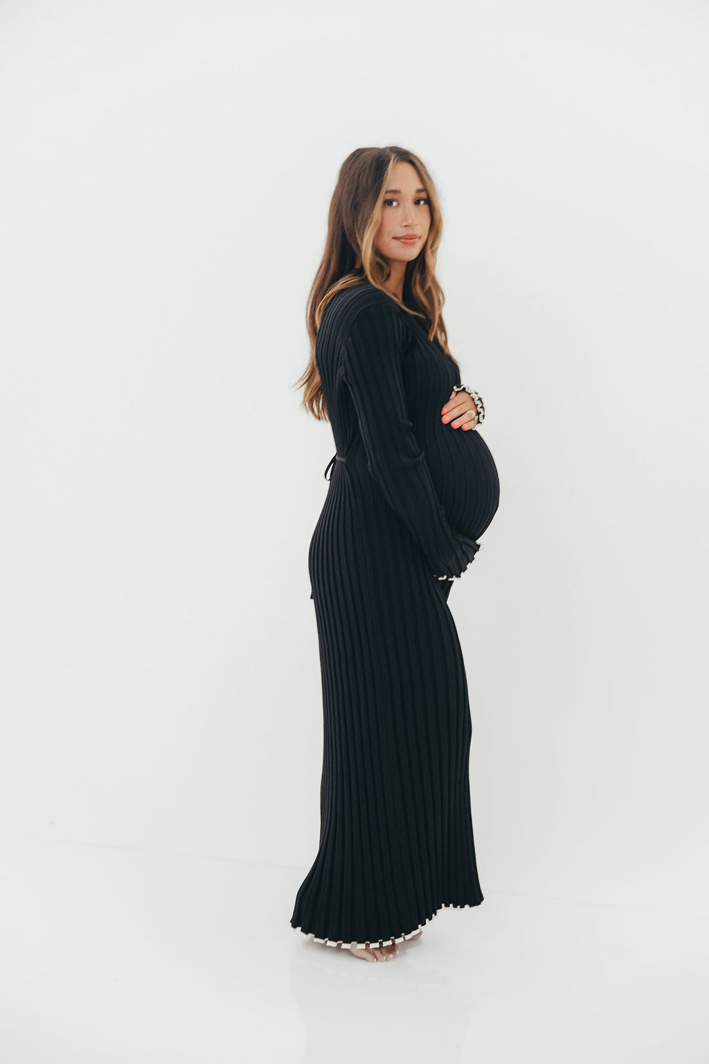 Bentley Ribbed Knit Maxi Dress in Black with White Trim - Bump Friendly