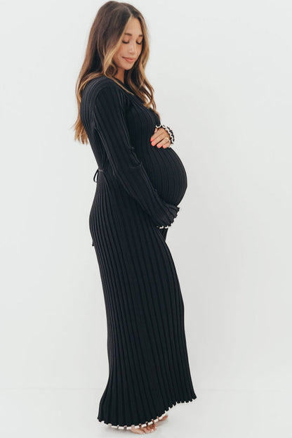 Bentley Ribbed Knit Maxi Dress in Black with White Trim - Bump Friendly