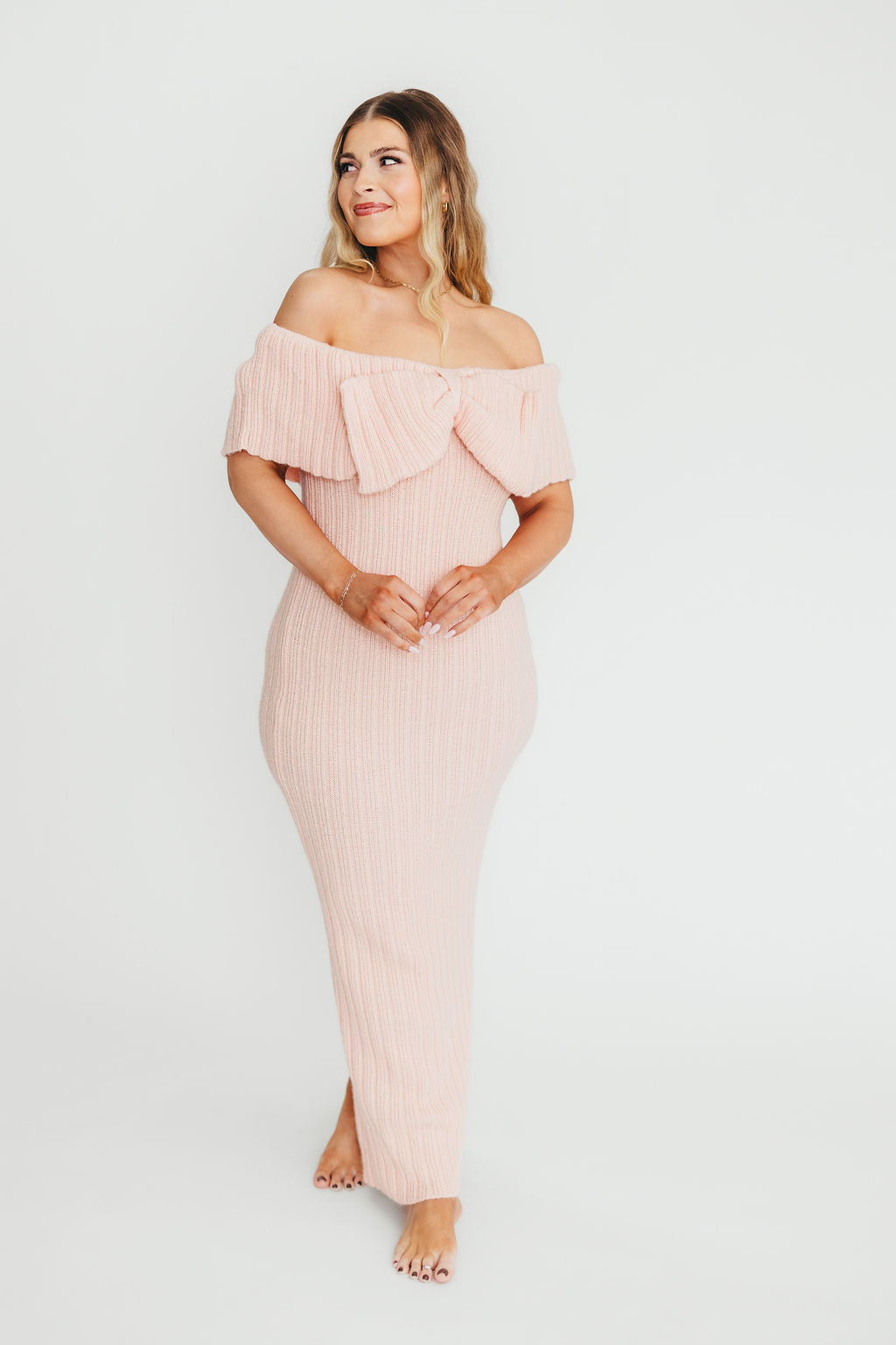 Aston Bow Front Maxi Sweater Dress in Pinkish Petal – Bump Friendly & Inclusive Sizing (S-3XL)