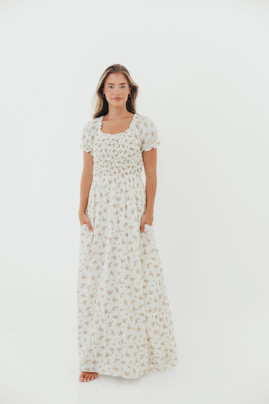 Emilia 100% Cotton Smocked Maxi Dress in Cream - Bump Friendly