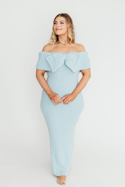 Aston Bow Front Maxi Sweater Dress in Ice Metal– Bump Friendly & Inclusive Sizing (S-3XL)