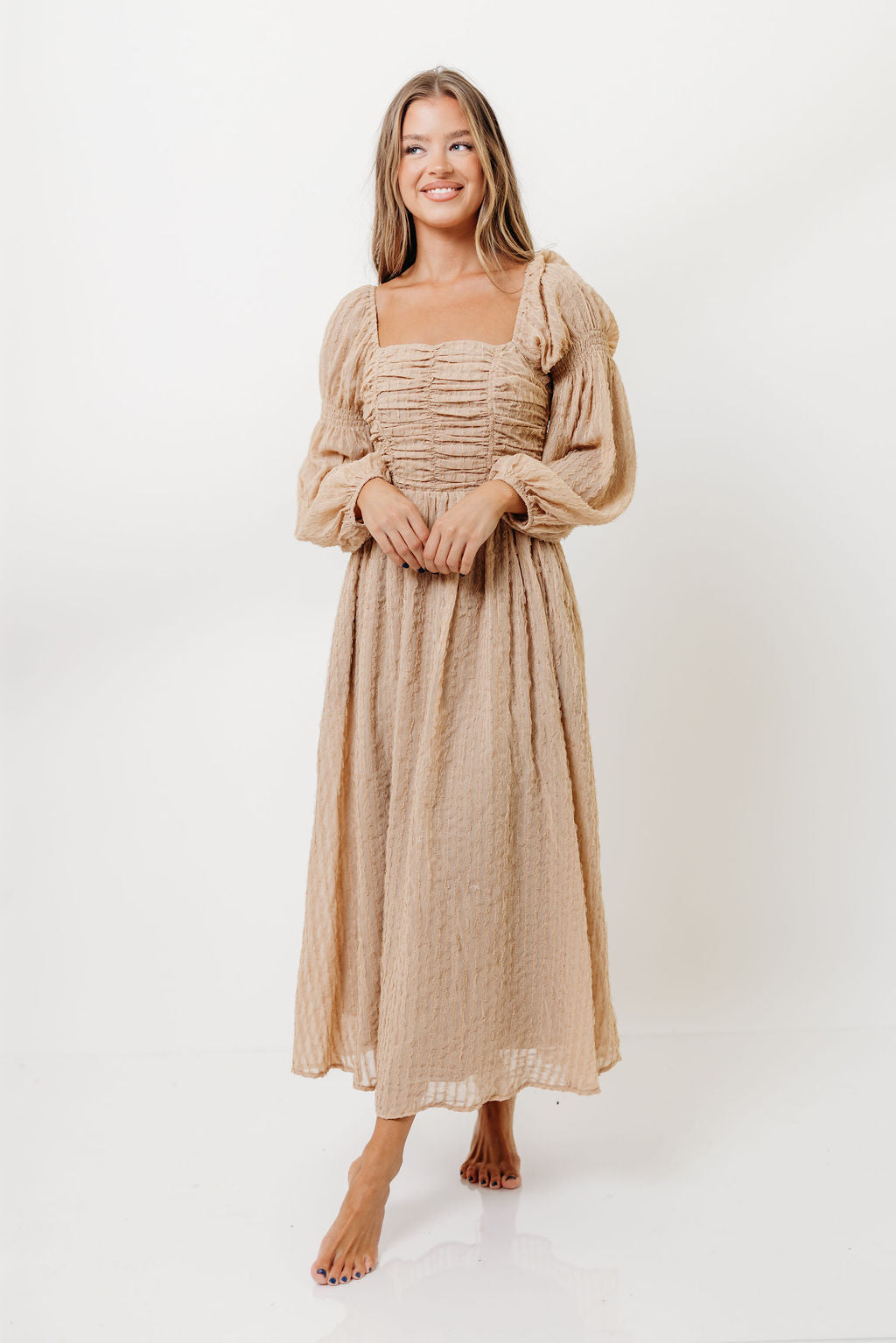 Maxine Ruched Chiffon Maxi Dress in Taupe
