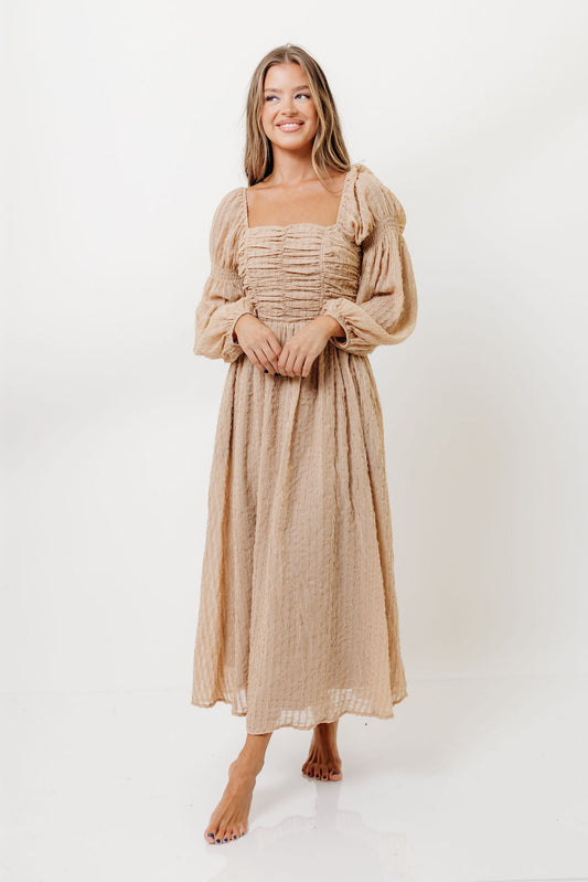 Maxine Ruched Chiffon Maxi Dress in Taupe