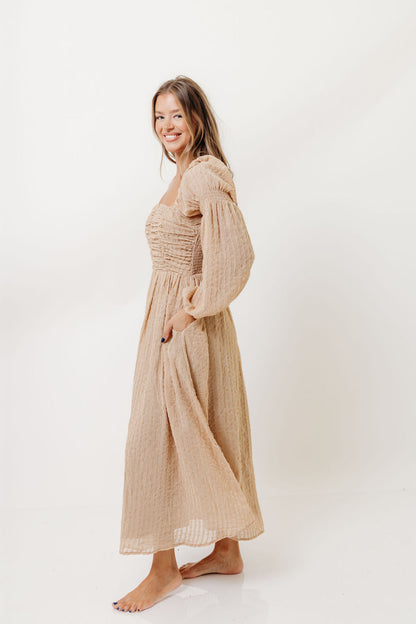 Maxine Ruched Chiffon Maxi Dress in Taupe