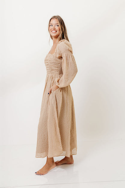 Maxine Ruched Chiffon Maxi Dress in Taupe