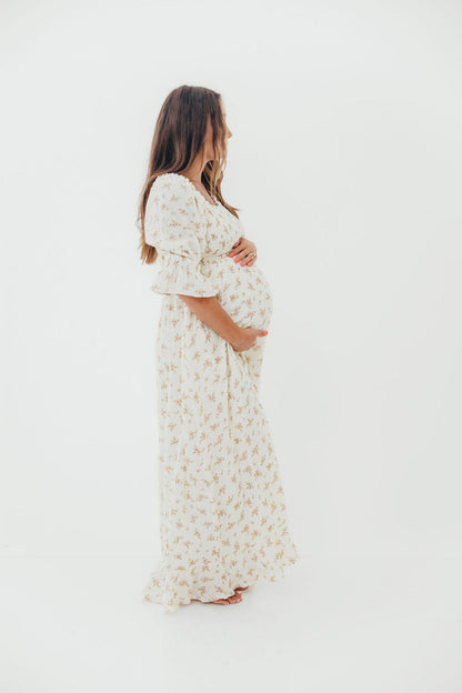 Sienna 100% Cotton Puff Sleeve Maxi Dress in Cream - Bump Friendly