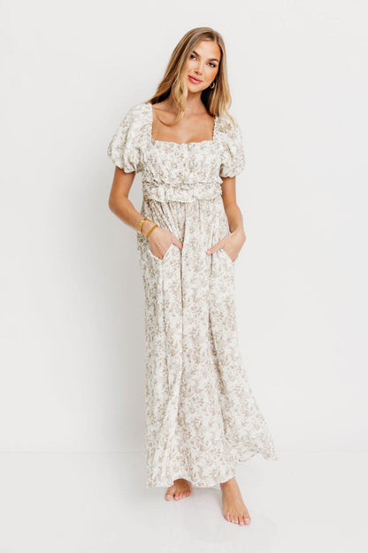 Finley 100% Cotton Peplum Midi Dress in Hampton Taupe - Bump & Nursing Friendly with Modest Back