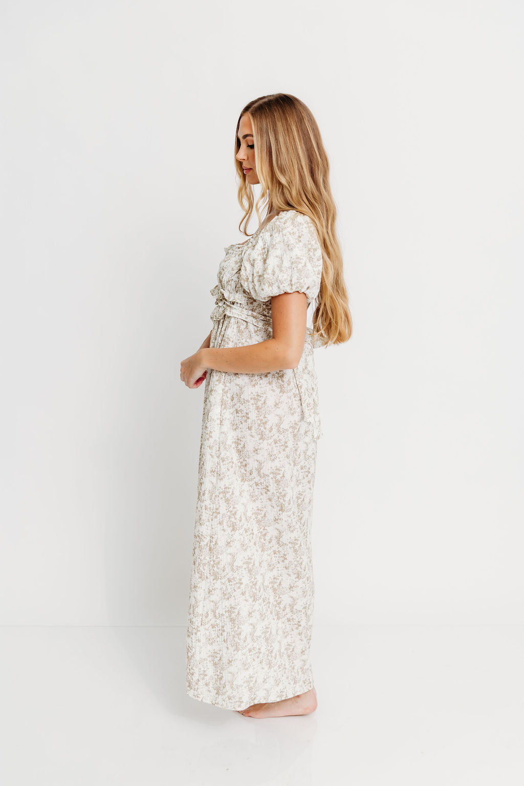 Finley 100% Cotton Peplum Midi Dress in Hampton Taupe - Bump & Nursing Friendly with Modest Back