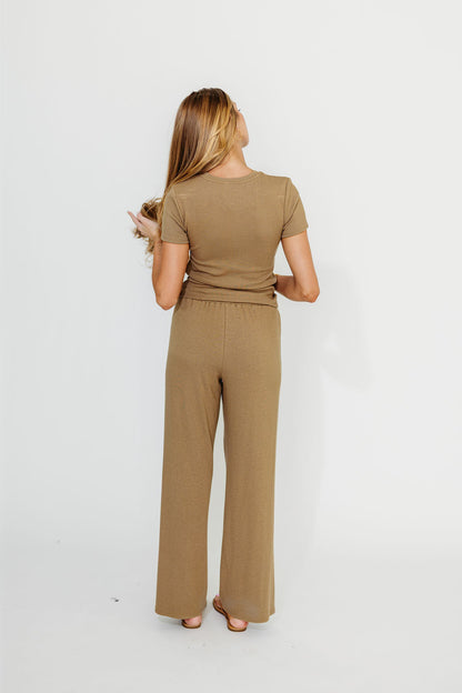 The Muse Knit Ribbed Short Sleeve Top & Pants Set in Mocha