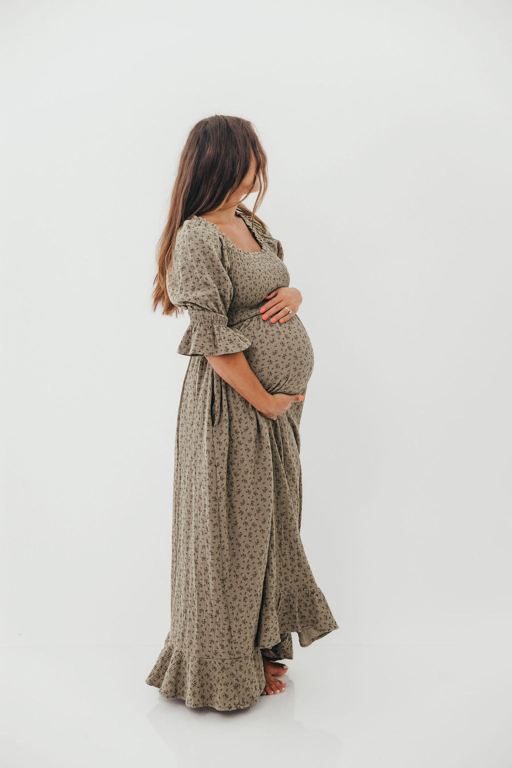 Sienna 100% Cotton Puff Sleeve Maxi Dress in Olive Foliage - Bump Friendly *9/26 PRE-ORDER*