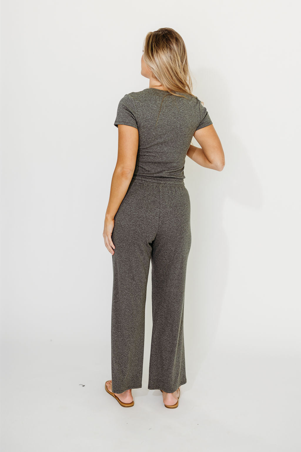 The Muse Knit Ribbed Short Sleeve Top & Pants Set in Charcoal
