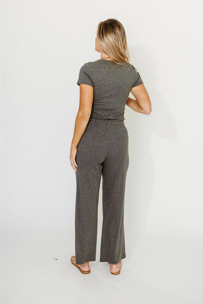 The Muse Knit Ribbed Short Sleeve Top & Pants Set in Charcoal