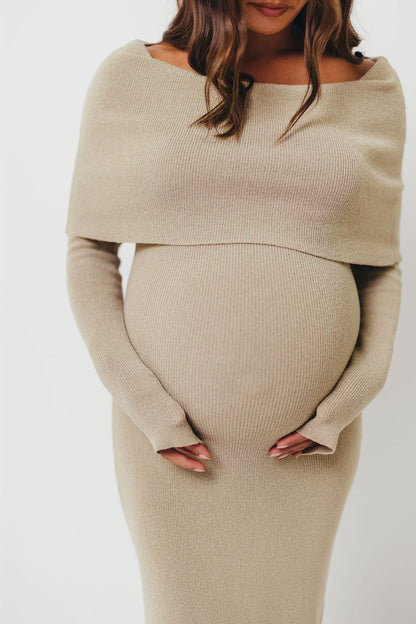 Winona Off-the-Shoulder Knit Maxi Dress in Oyster