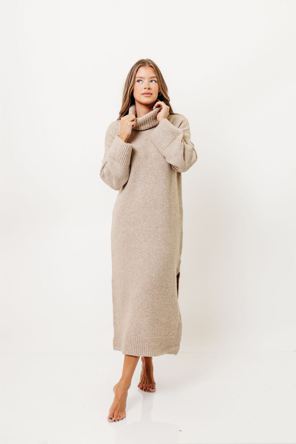 Melissa Cowl-Neck Sweater Midi Dress in Sand