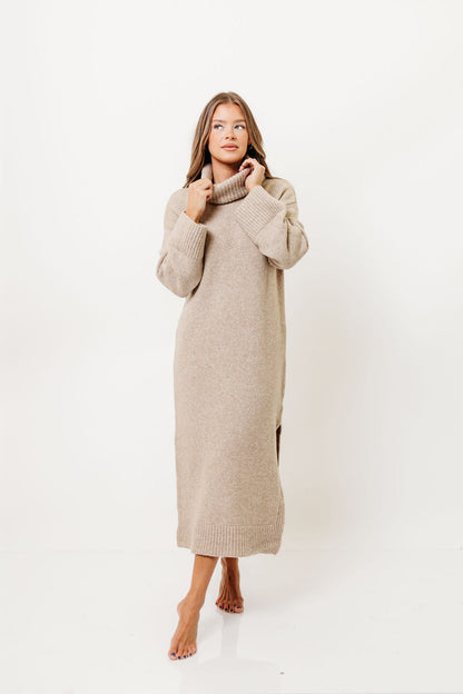 Melissa Cowl-Neck Sweater Midi Dress in Sand
