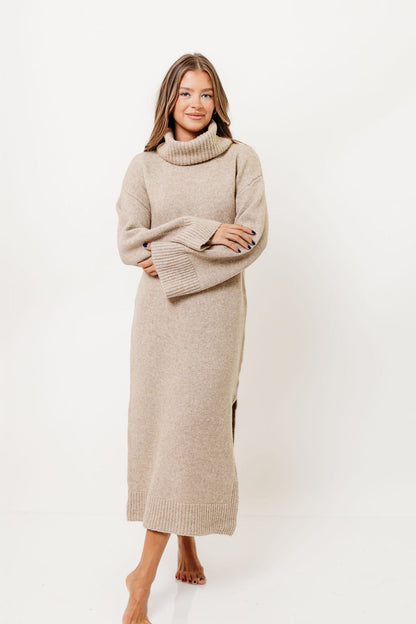 Melissa Cowl-Neck Sweater Midi Dress in Sand