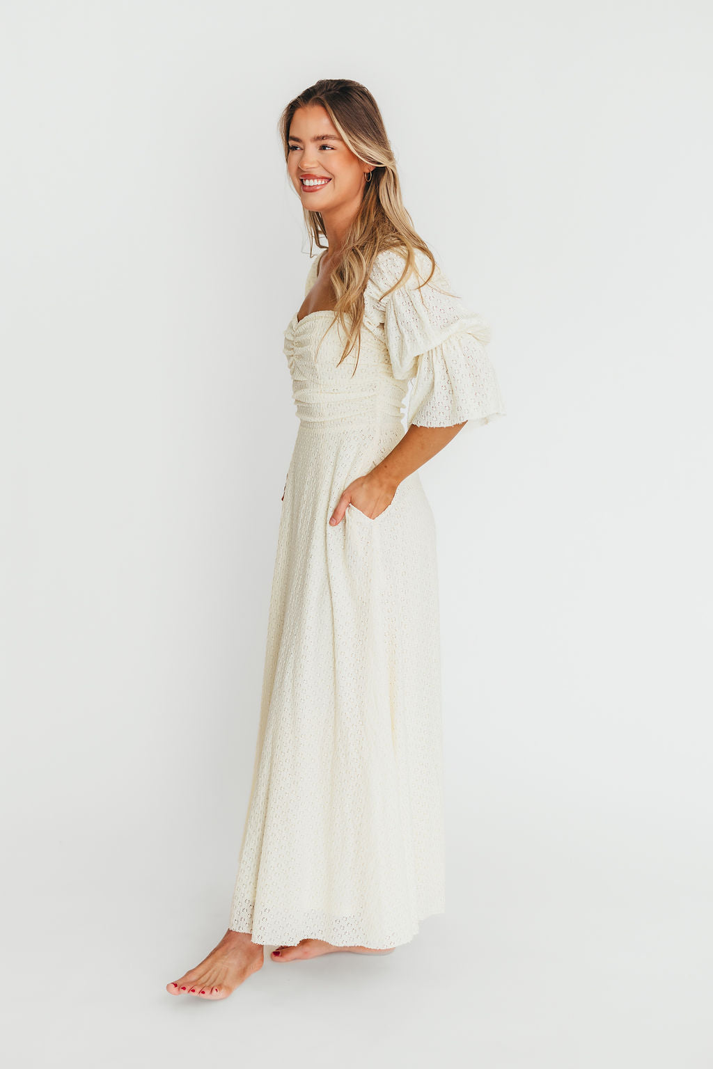 Corrine Tiered Sleeve Maxi Dress with Pockets in Butter Yellow - Bump Friendly