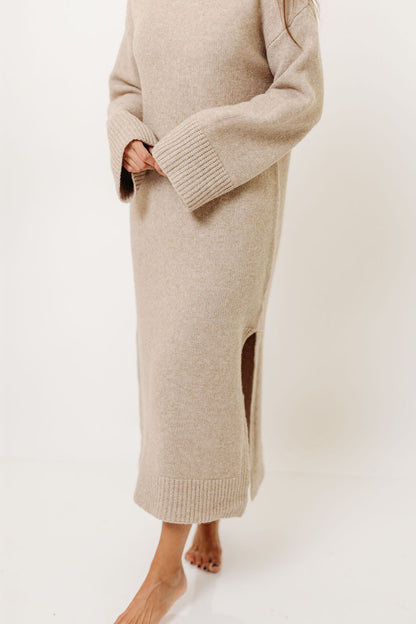 Melissa Cowl-Neck Sweater Midi Dress in Sand