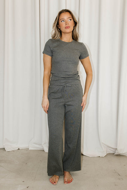 The Muse Knit Ribbed Short Sleeve Top & Pants Set in Charcoal
