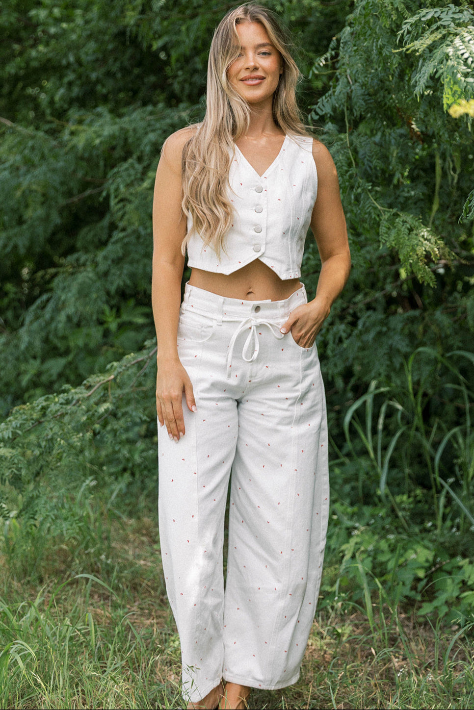 Parton Mini Bow Print Waist Tie Detail Washed Barrel Jeans in Off White