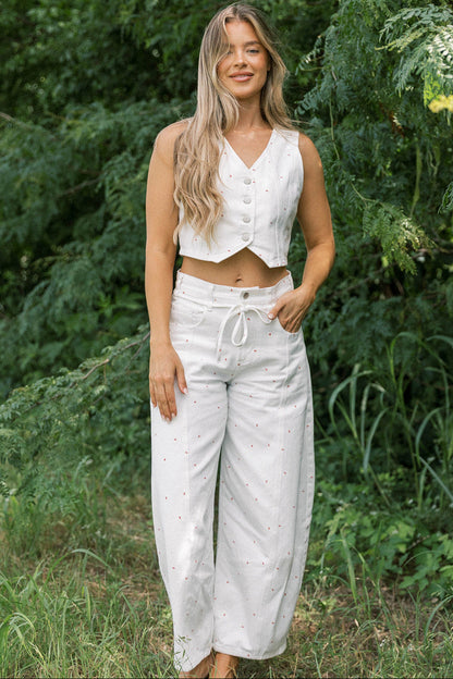 Parton Mini Bow Print Waist Tie Detail Washed Barrel Jeans in Off White