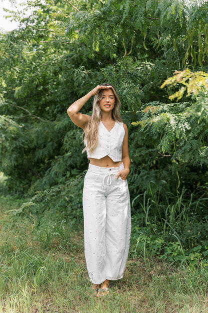 Parton Mini Bow Print Waist Tie Detail Washed Barrel Jeans in Off White