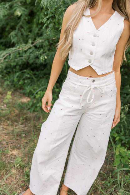 Dolly 100% Cotton Mini Bow Print Twill Vest in Off-White